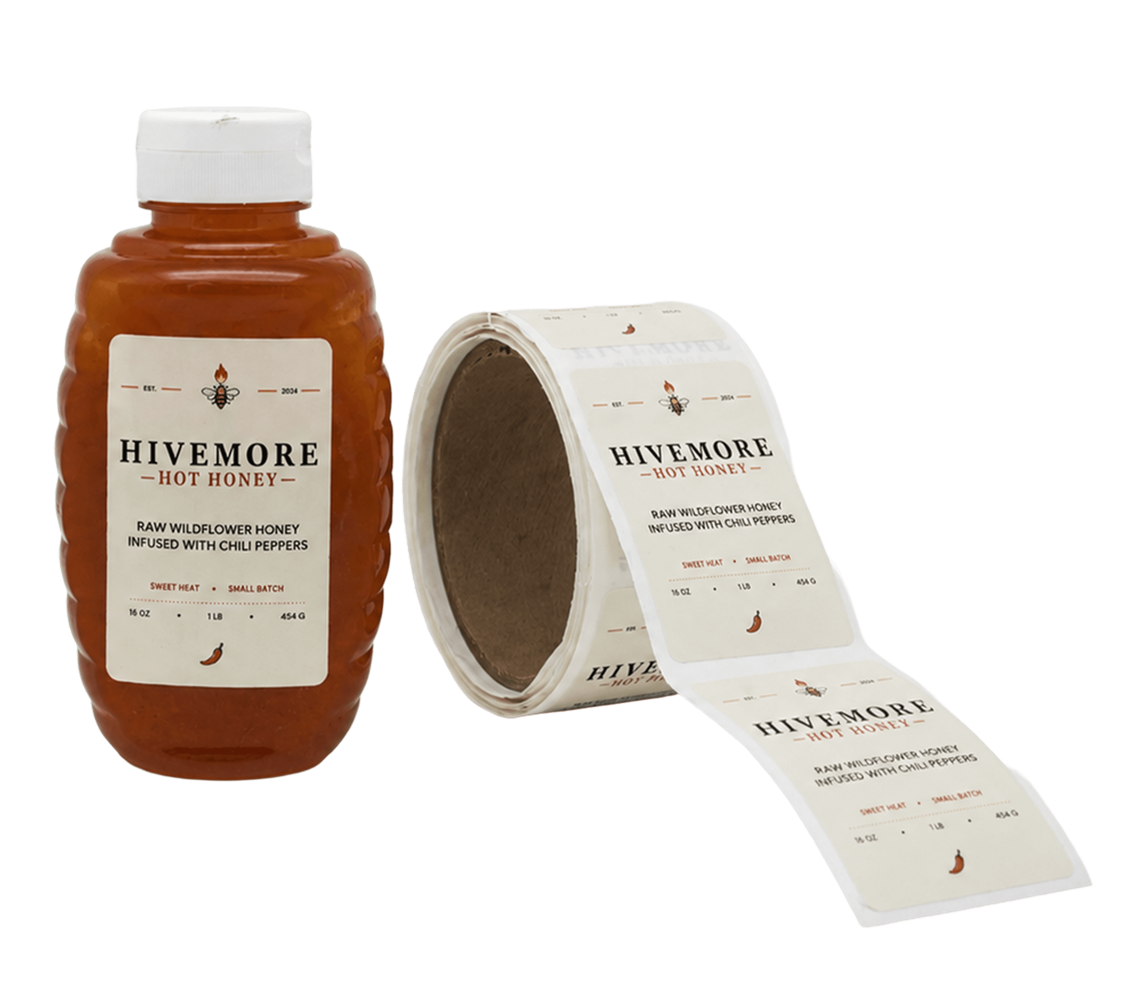 Custom hot honey bottle labels on a squeeze bottle with matching roll labels for food and specialty condiment packaging.