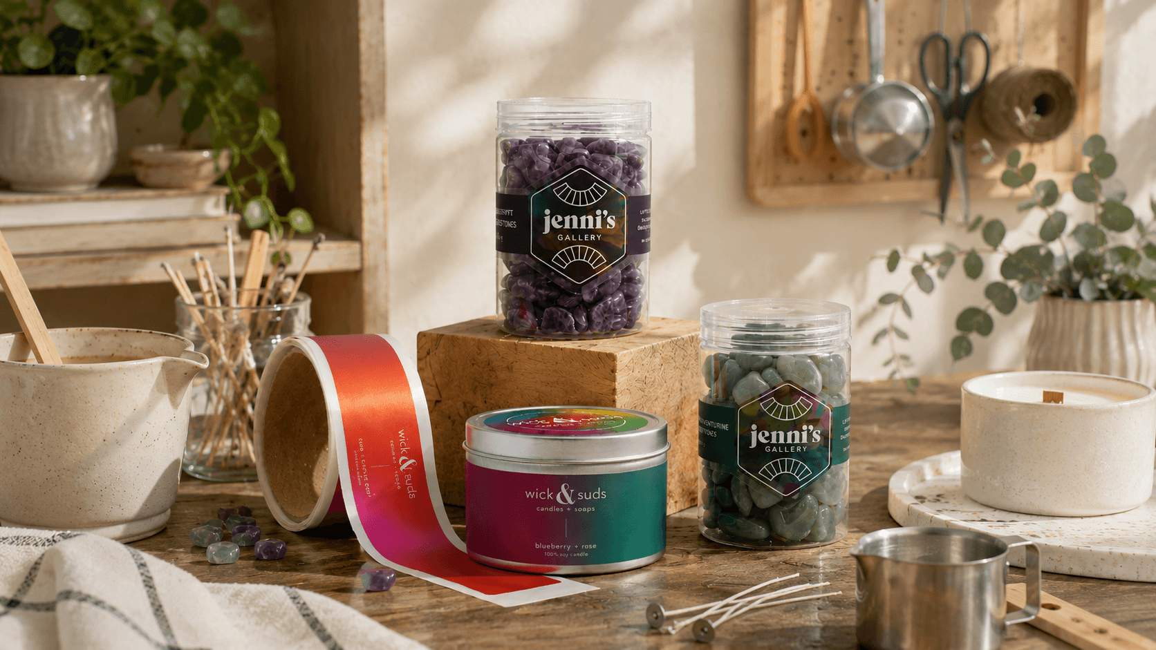 Custom labels and packaging supplies in a candle-making workshop.