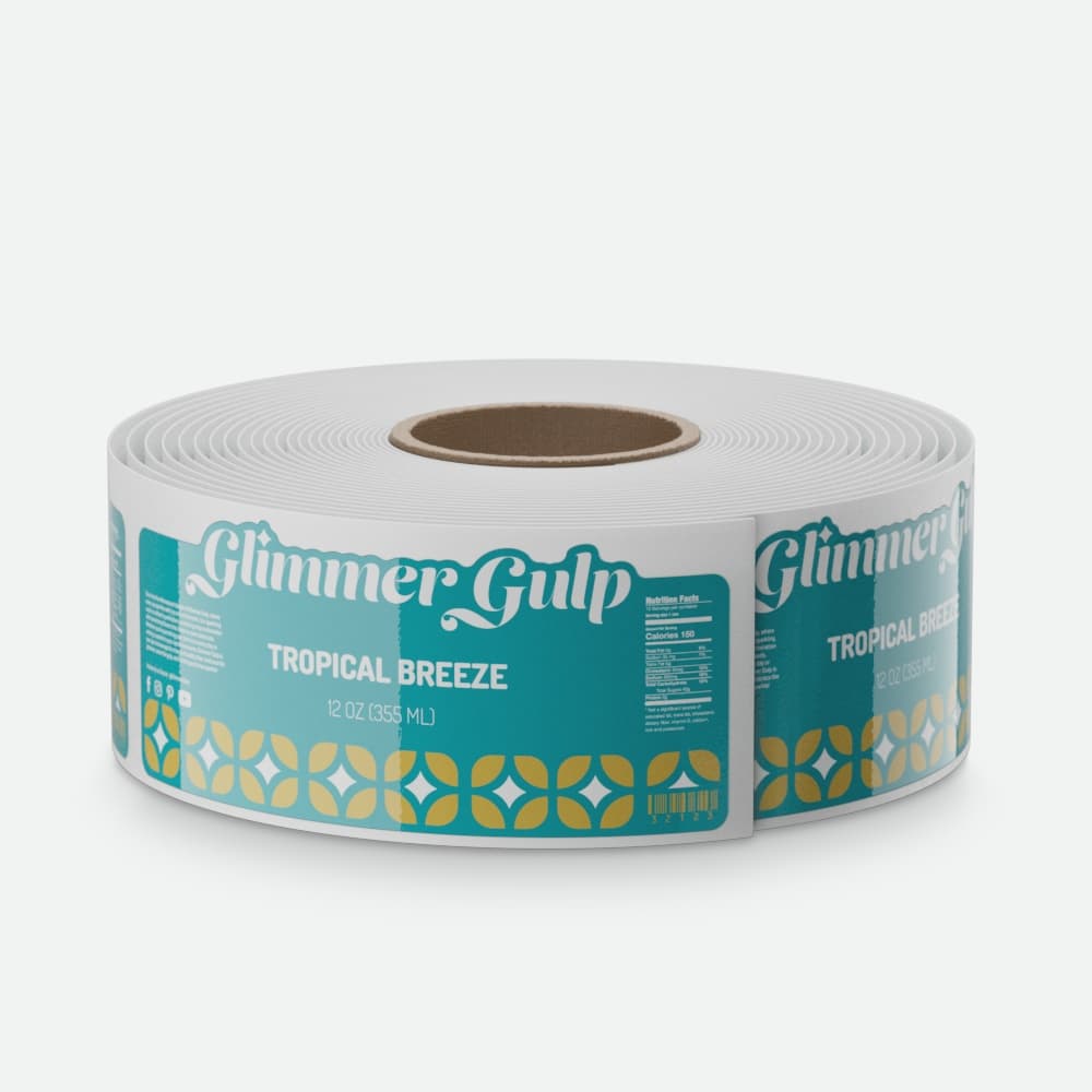 A roll of teal “Glimmer Gulp” tropical beverage labels is displayed on a light gray background.