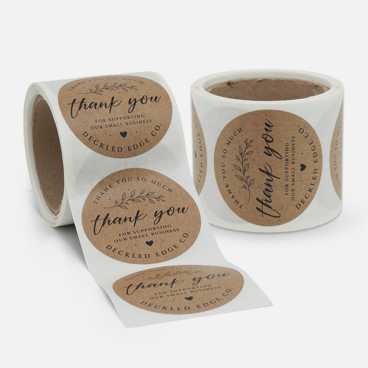 Roll of kraft paper thank you labels for small business packaging, handmade products, order fulfillment, and customer appreciation.