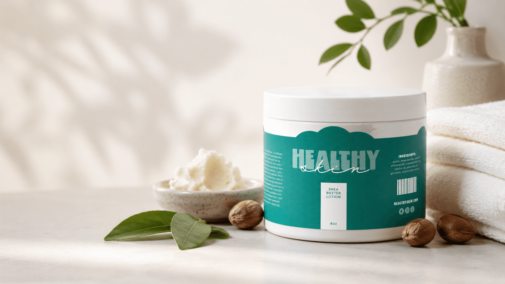Custom skincare labels on a roll displayed with shea butter ingredients and packaging materials, showcasing professional product labels for lotions, creams, and beauty products.