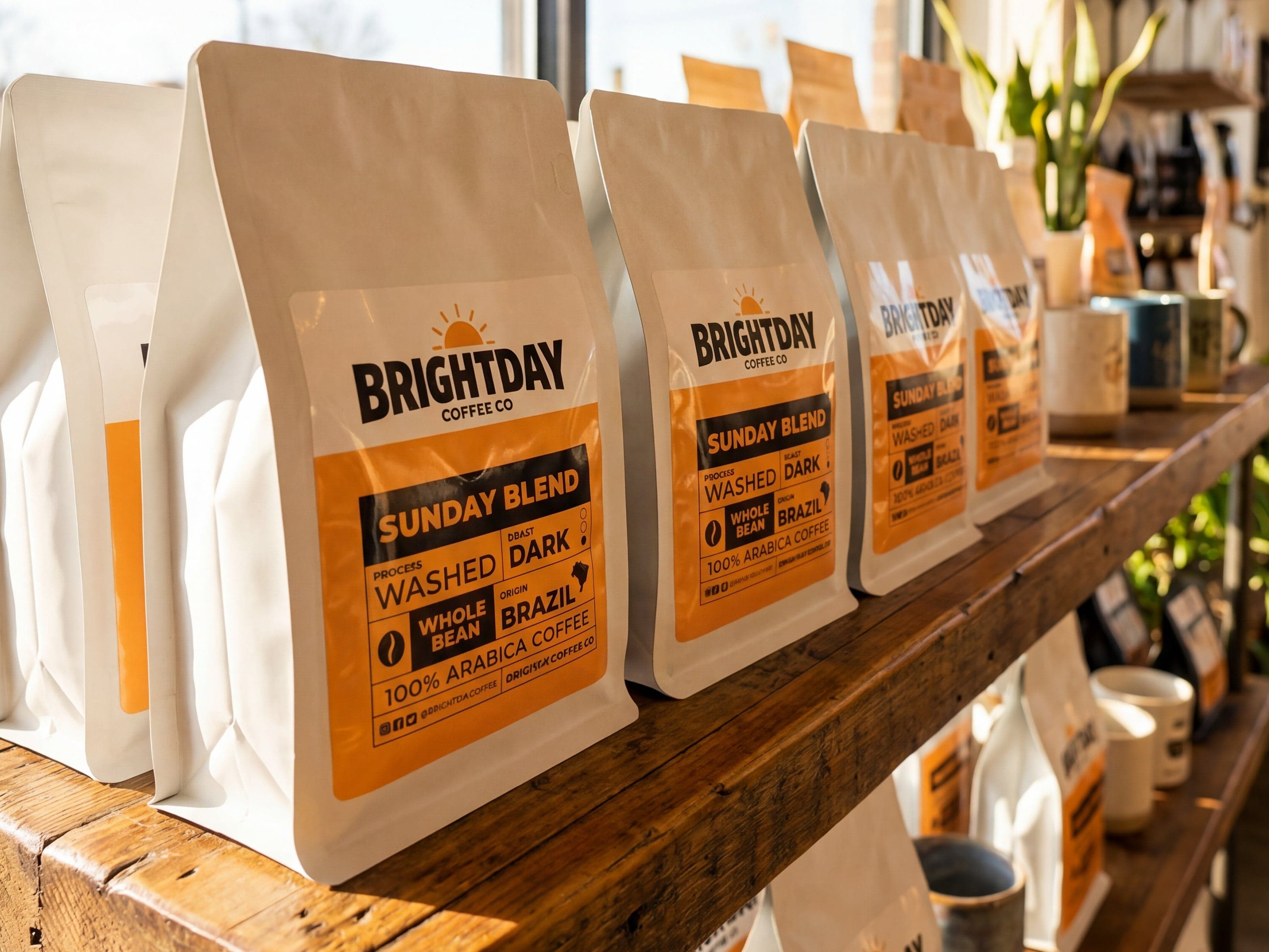 Custom coffee bag labels applied to stand-up coffee pouches displayed on retail shelves in a coffee shop.