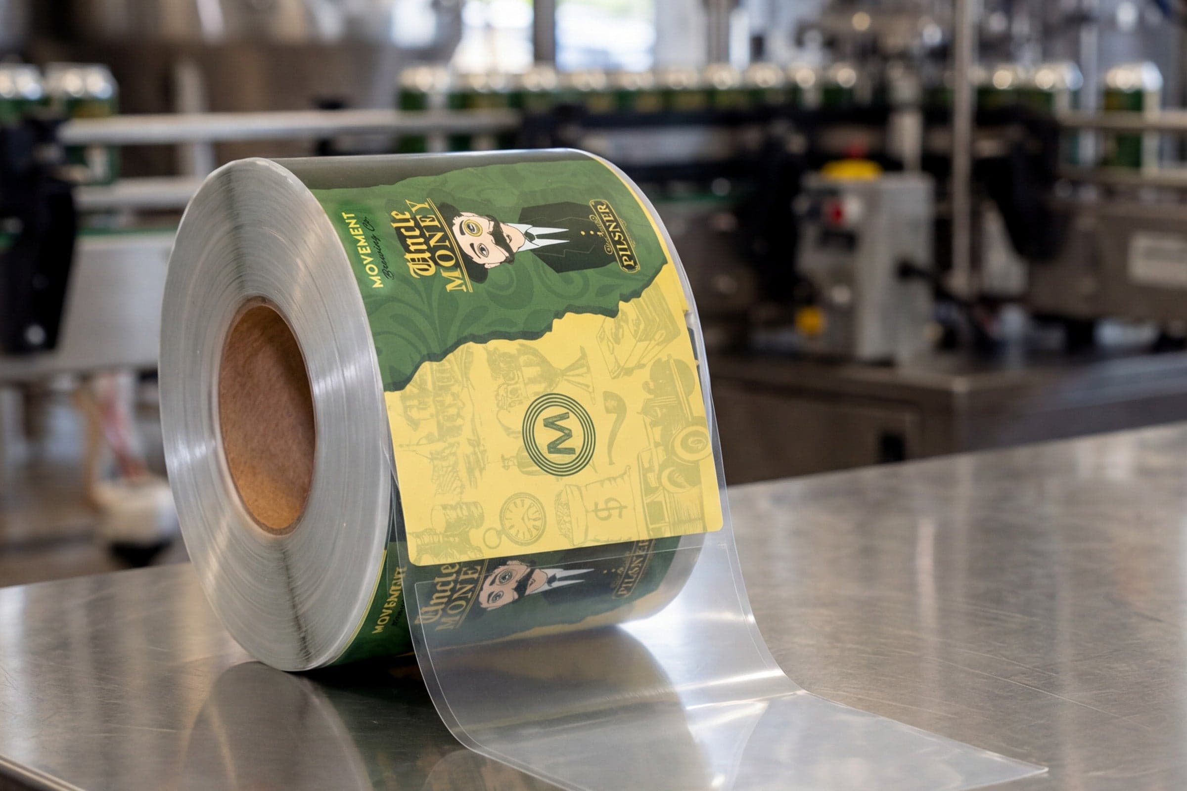 Roll of green and yellow product labels on a stainless steel surface in a production facility.