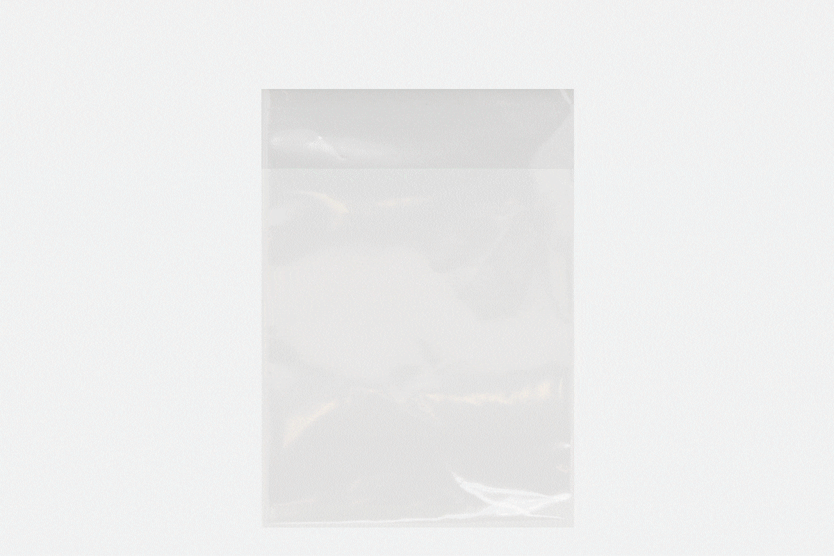Transparent resealable plastic bag with a blank white label area on a light gray background.