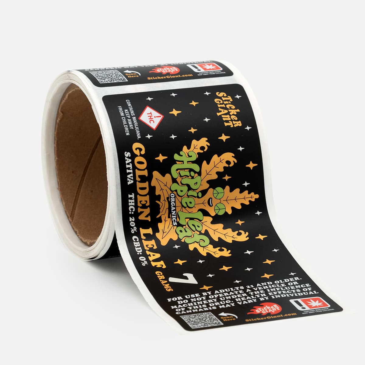Roll of Golden Leaf sativa cannabis product labels with black background, leaf artwork, QR code, and required warning details.