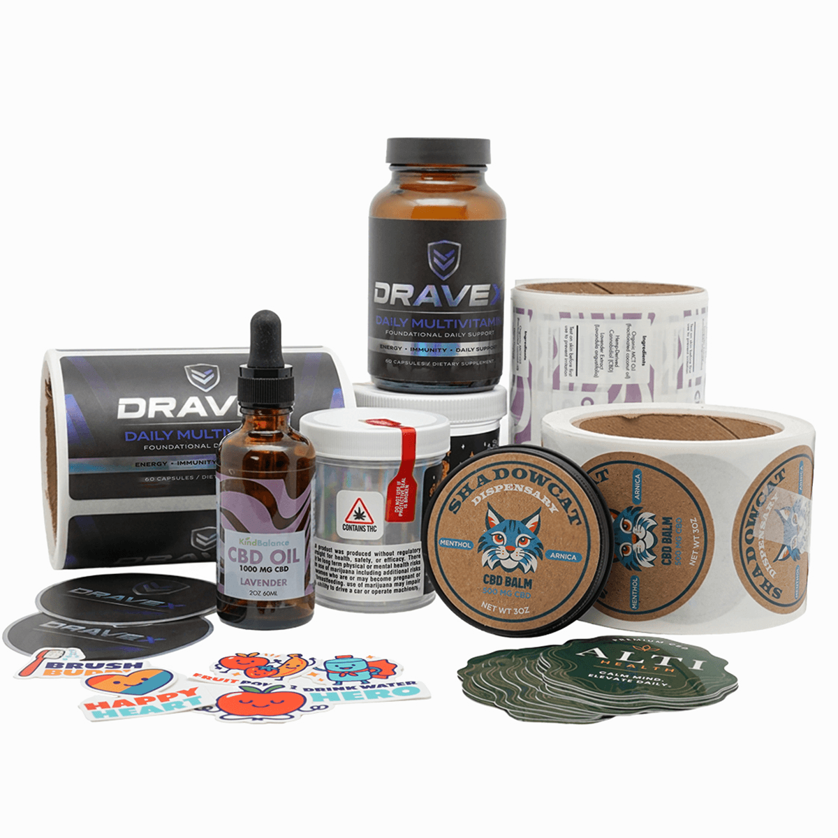 Custom health and wellness labels and stickers including supplement labels, CBD product labels, roll labels, product packaging labels, and promotional wellness stickers.