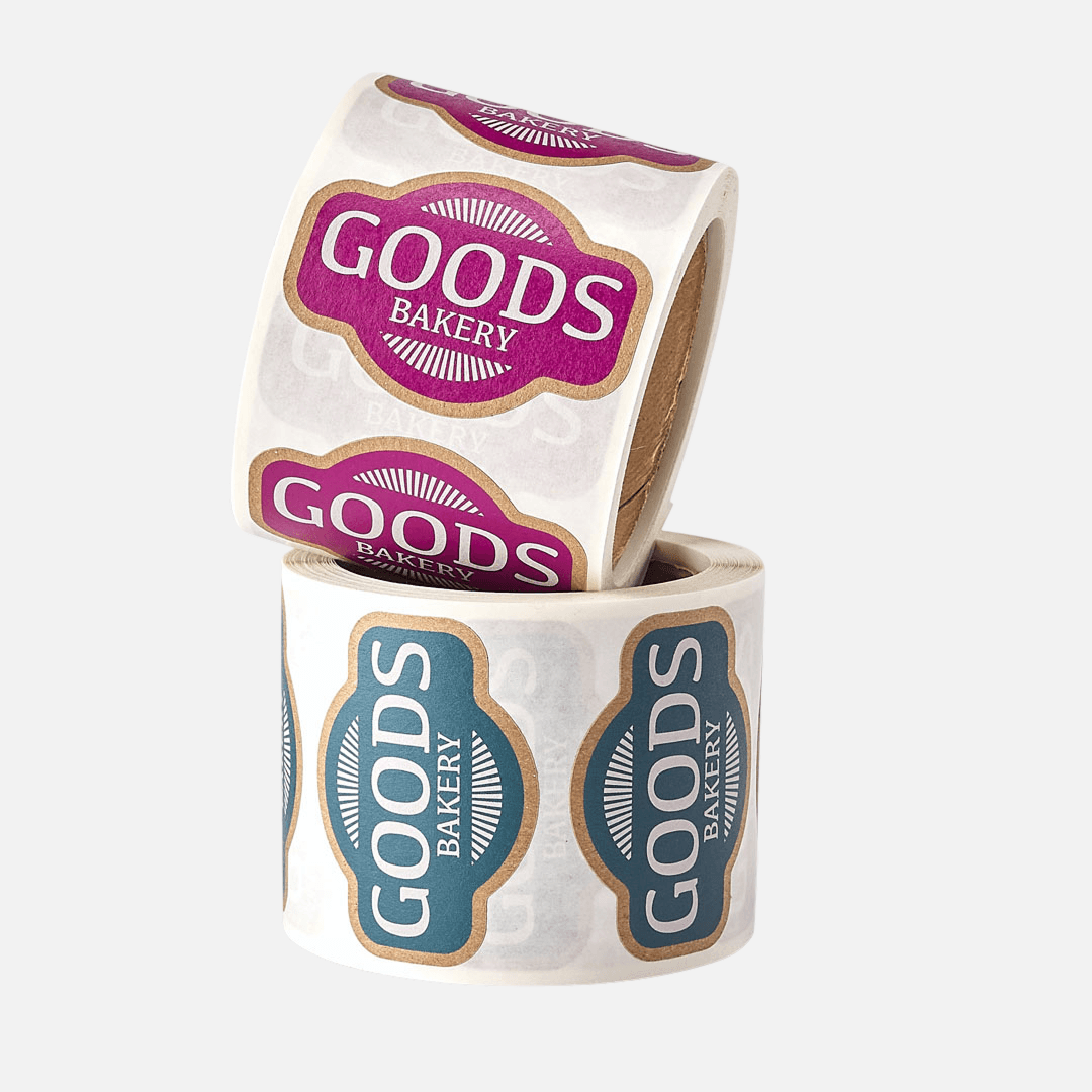 Custom kraft paper bakery roll labels printed for food packaging and baked goods.