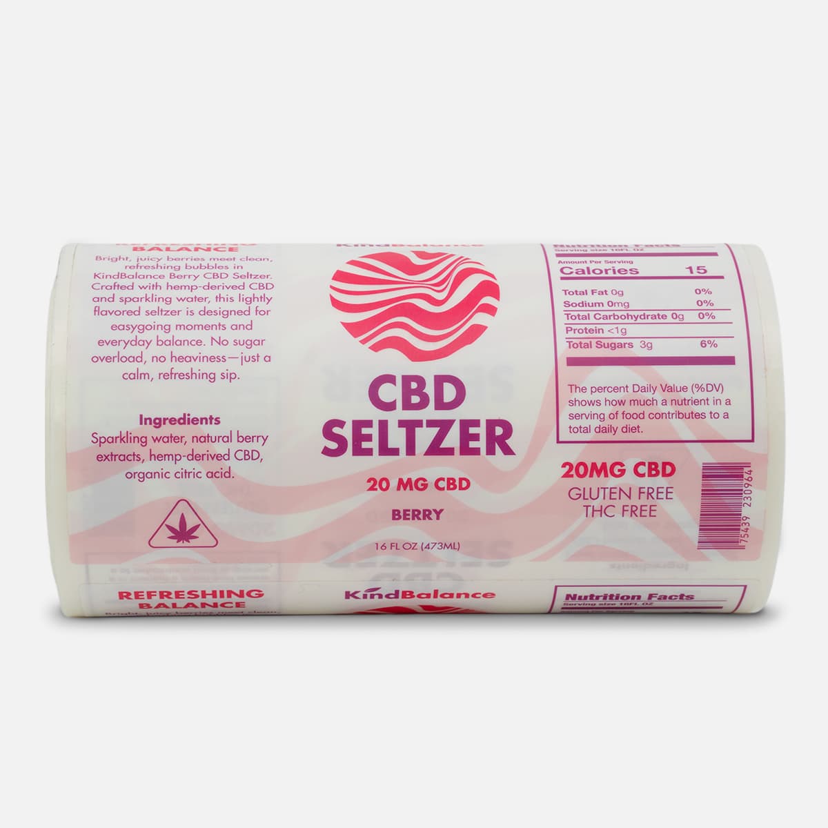 Roll of custom KindBalance Berry CBD Seltzer labels featuring pink beverage packaging artwork with nutrition facts, barcode, and 20mg CBD callouts.