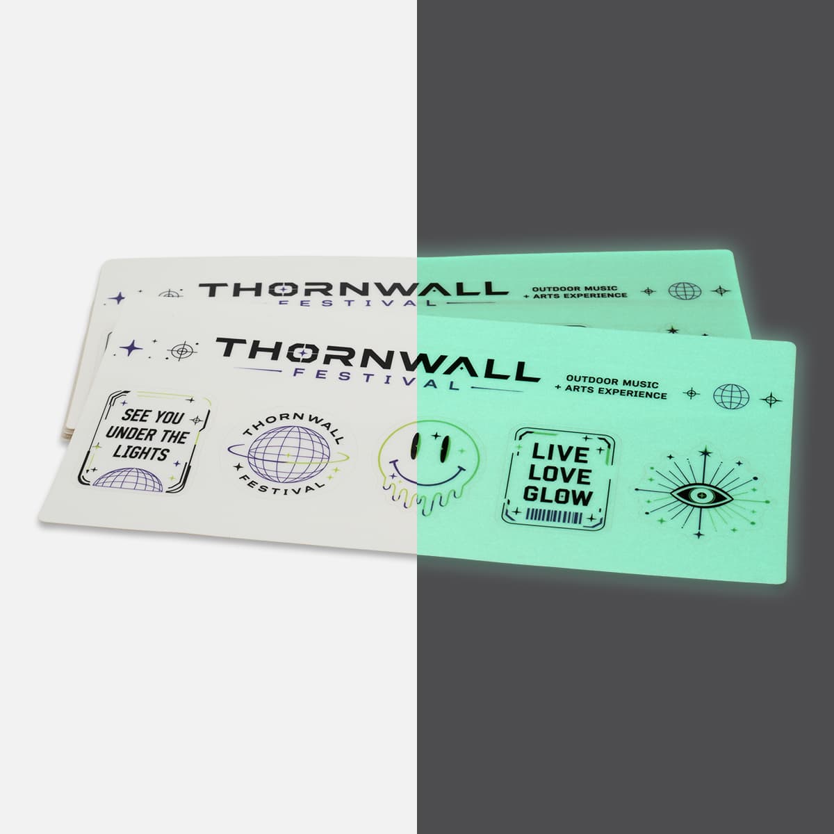 Thornwall Festival glow in the dark sticker sheets shown half in daylight and half glowing green in the dark.