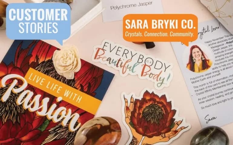 Custom die cut stickers and branded marketing materials created for Sara Bryki Co., featuring colorful artwork, wellness branding, and community-focused promotional products.
