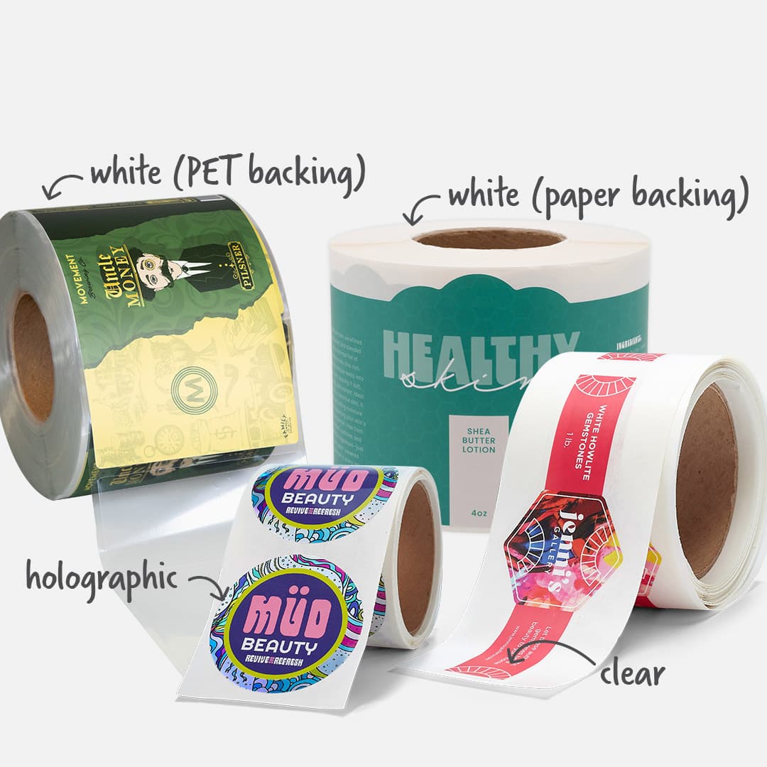 Custom label rolls available in white BOPP, clear, holographic, and white PET backing materials for product packaging applications.