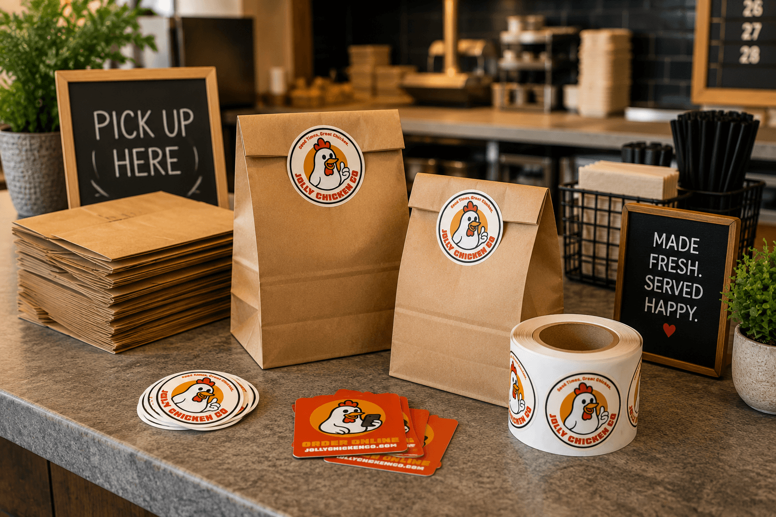 Custom restaurant stickers displayed on branded takeout bags at a pickup counter