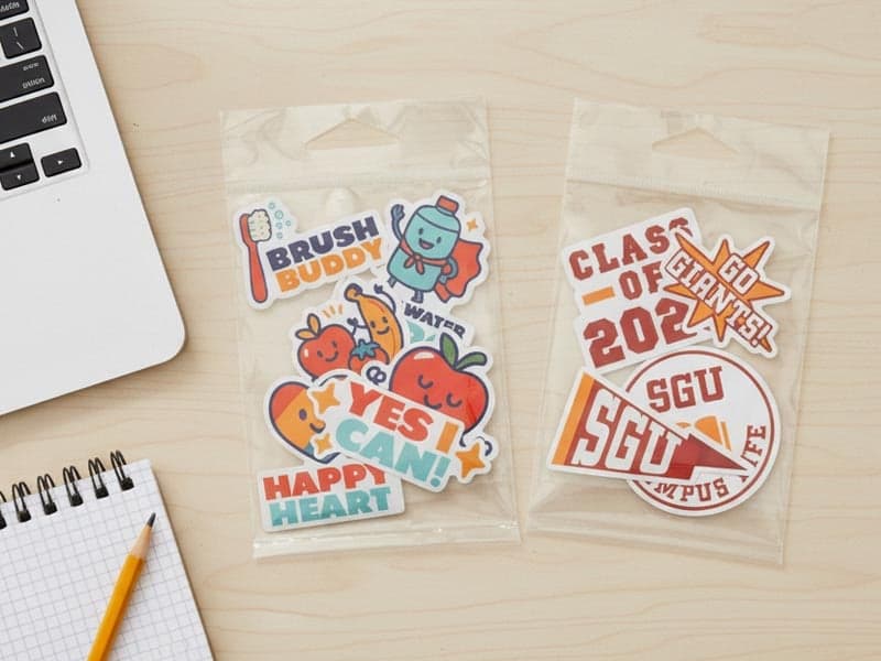 Two clear sticker pack bags filled with colorful school and awareness stickers displayed on a desk near a notebook and laptop.