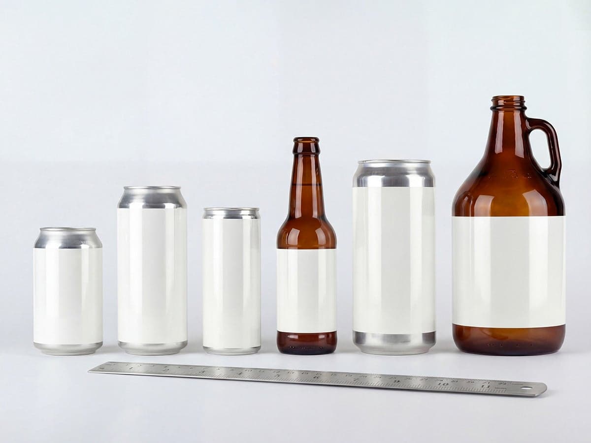 Assorted blank cans and bottles with white label templates displayed next to a ruler for size comparison.