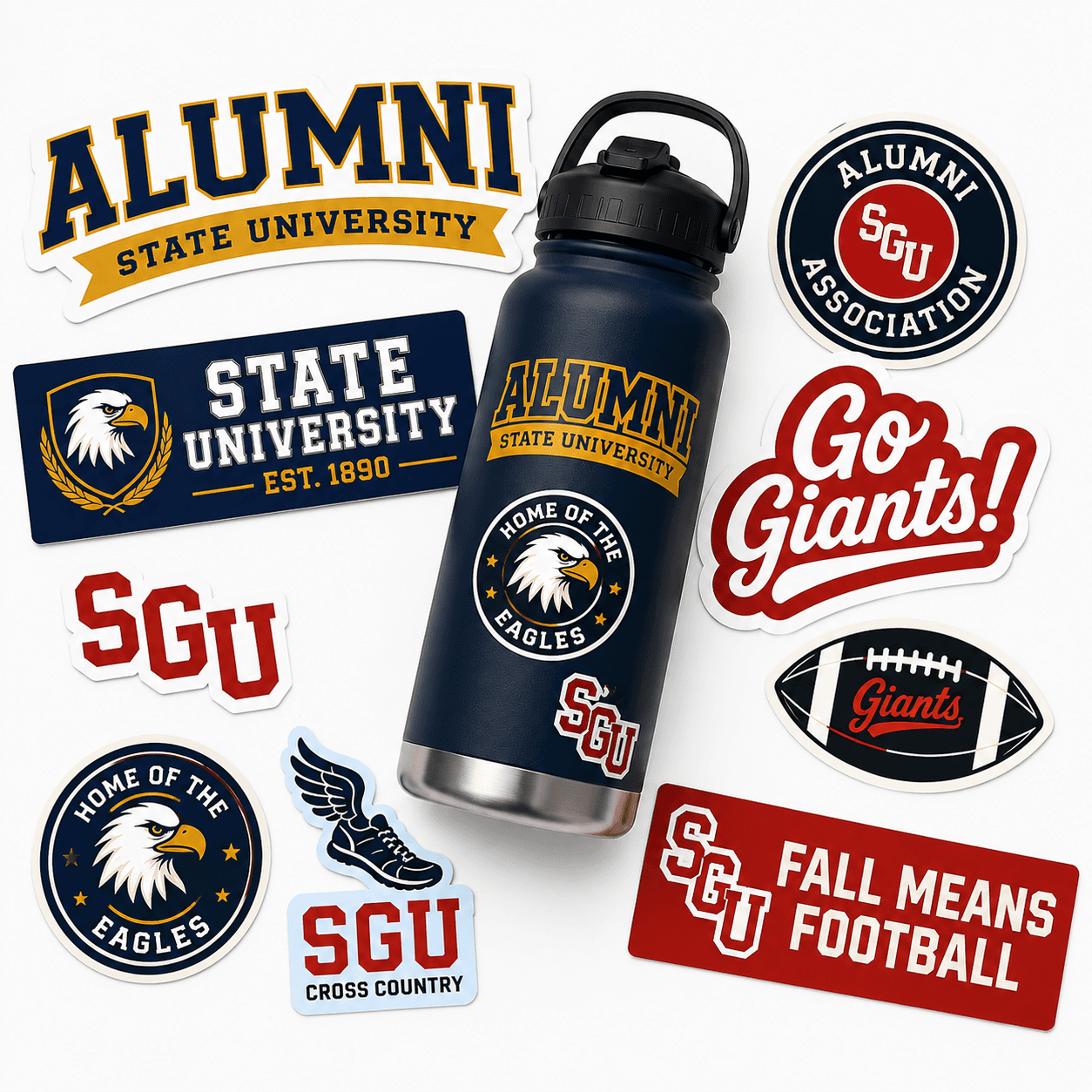 Custom school and university stickers arranged around a branded water bottle, featuring alumni, athletics, homecoming, mascot, and school spirit sticker designs.