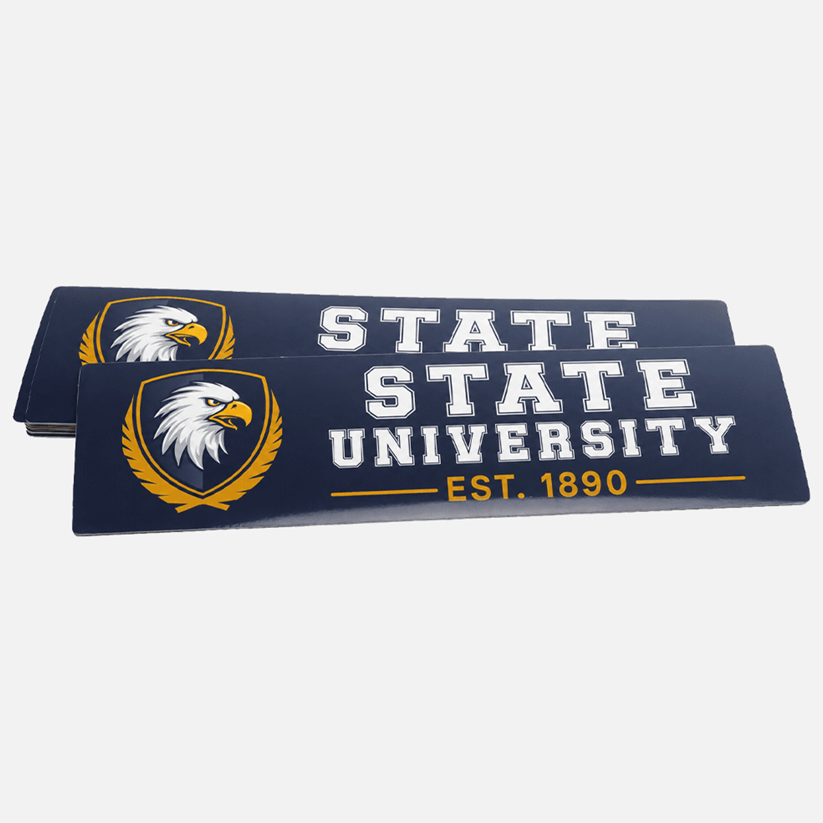 Custom university bumper stickers featuring school branding, mascot graphics, and durable outdoor printing for campus pride and alumni promotions.