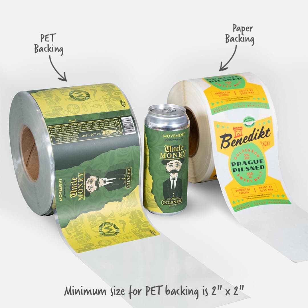 PET backing vs paper backing label rolls with beer can examples.