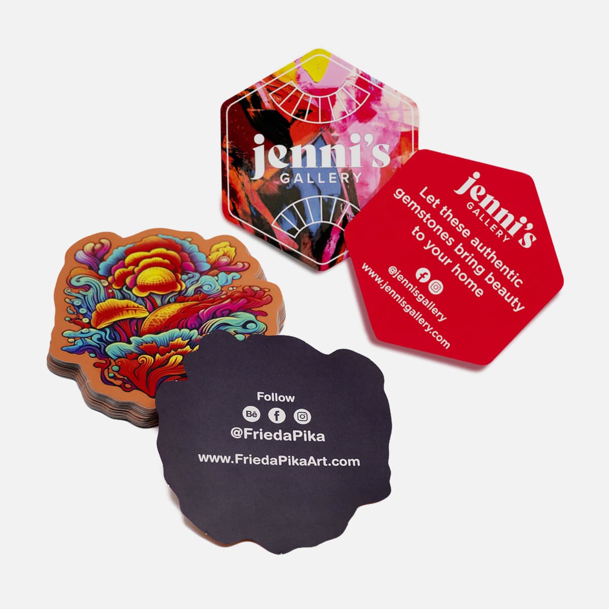 Assorted back-printed die-cut stickers featuring colorful artwork, custom branding, and vibrant designs for artists, creators, and maker businesses.