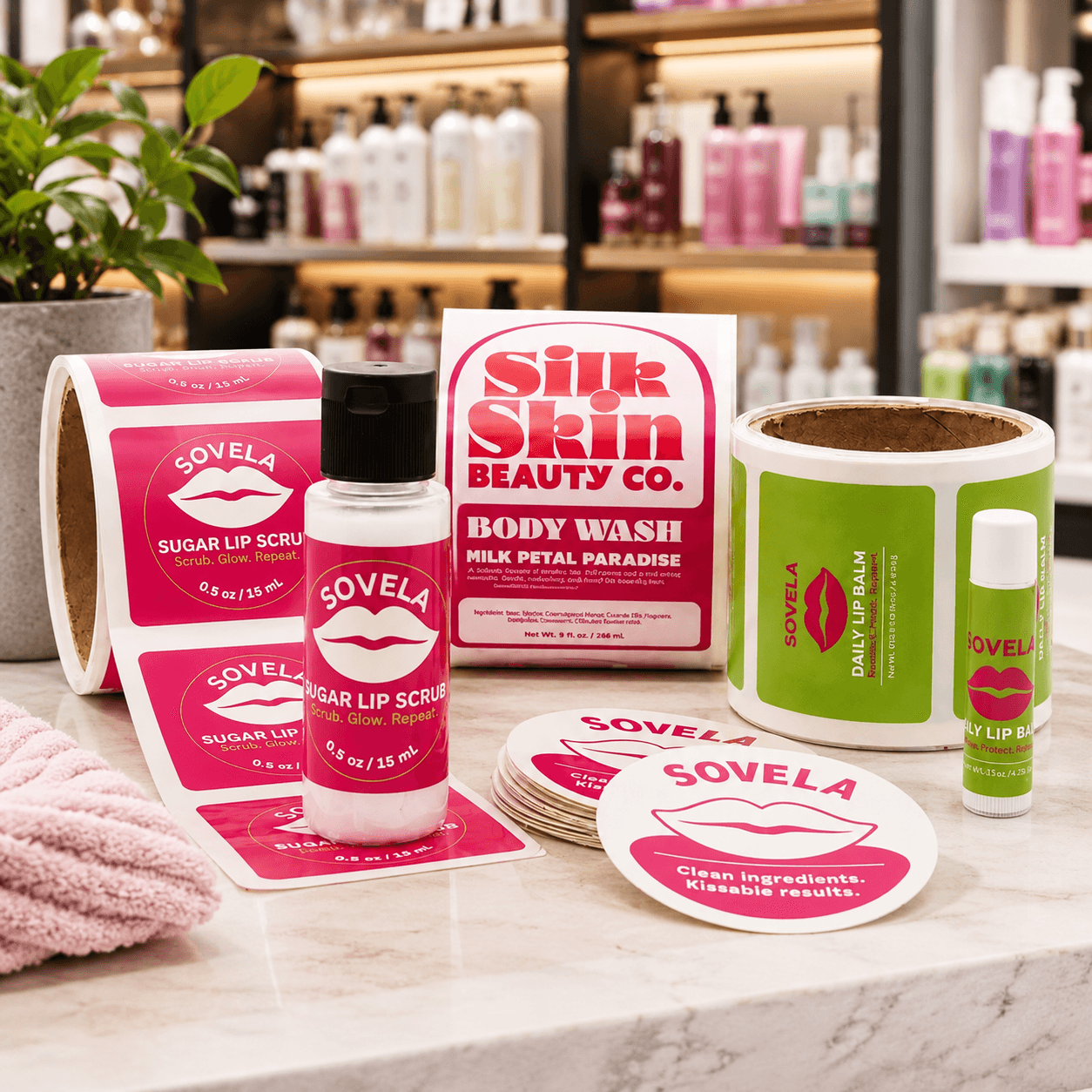 Custom beauty product labels displayed on skincare and lip care products in a retail beauty store.