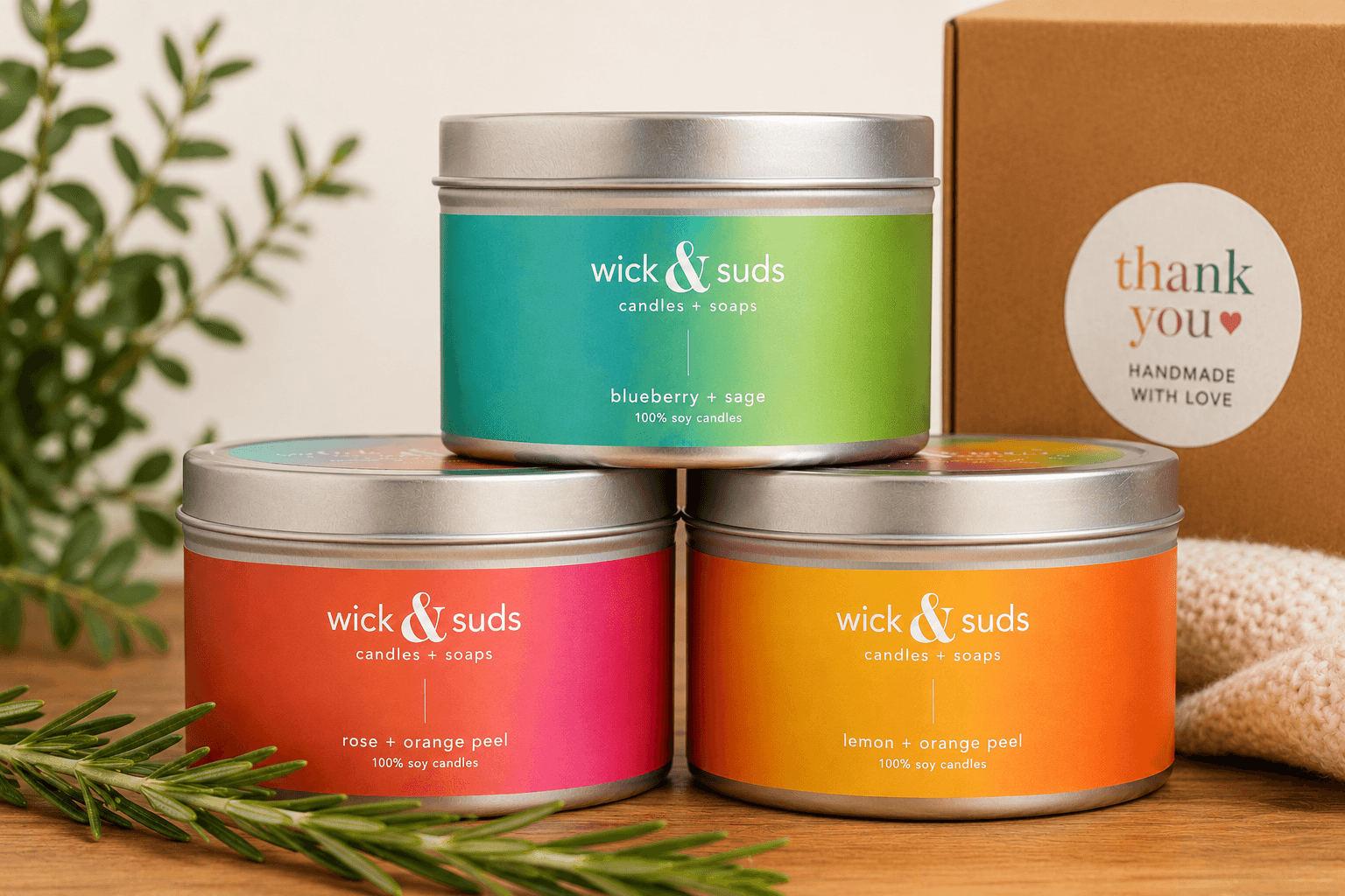 Colorful custom labels on handmade candle tins displayed in a small business product photography setting.