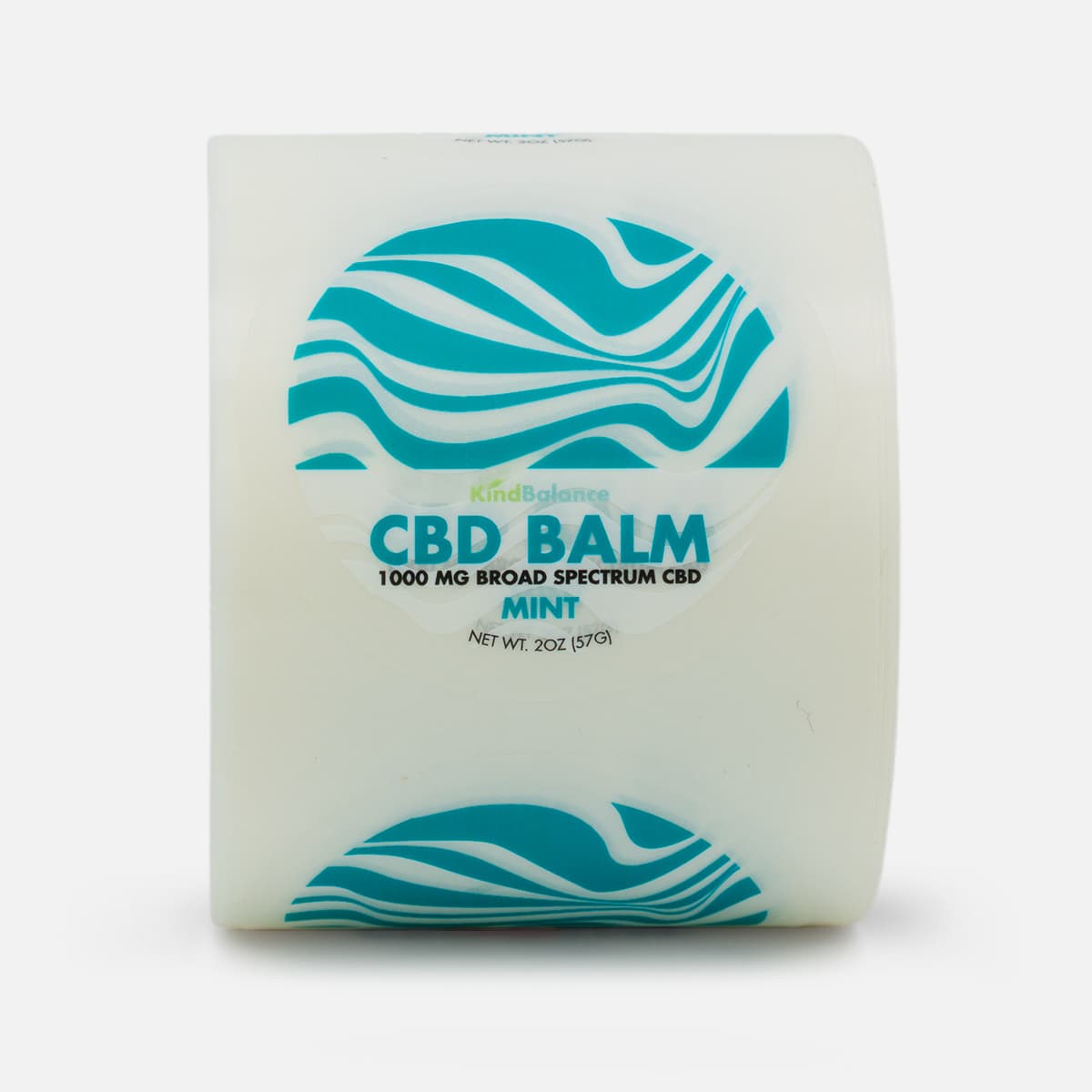 Roll of custom CBD balm labels for KindBalance Mint with teal wave artwork on clear circular labels.