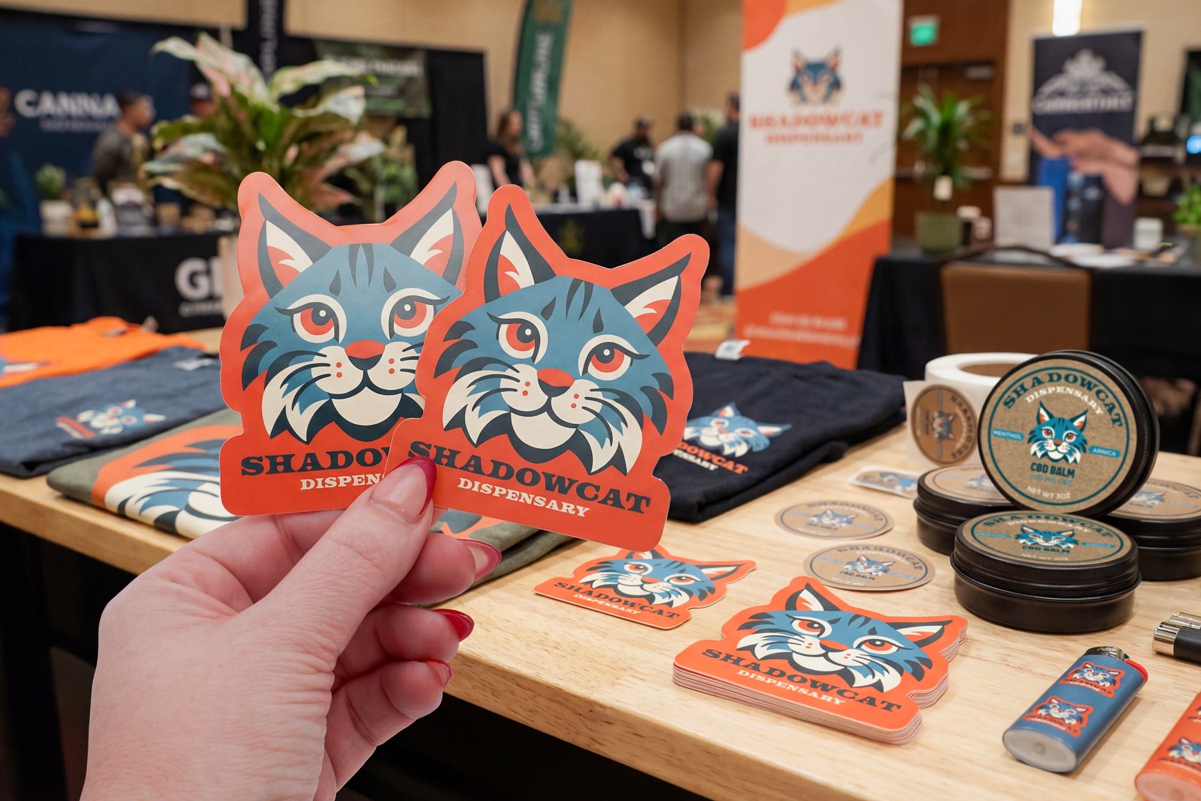 Custom cannabis brand stickers displayed at a trade show booth with branded promotional products.