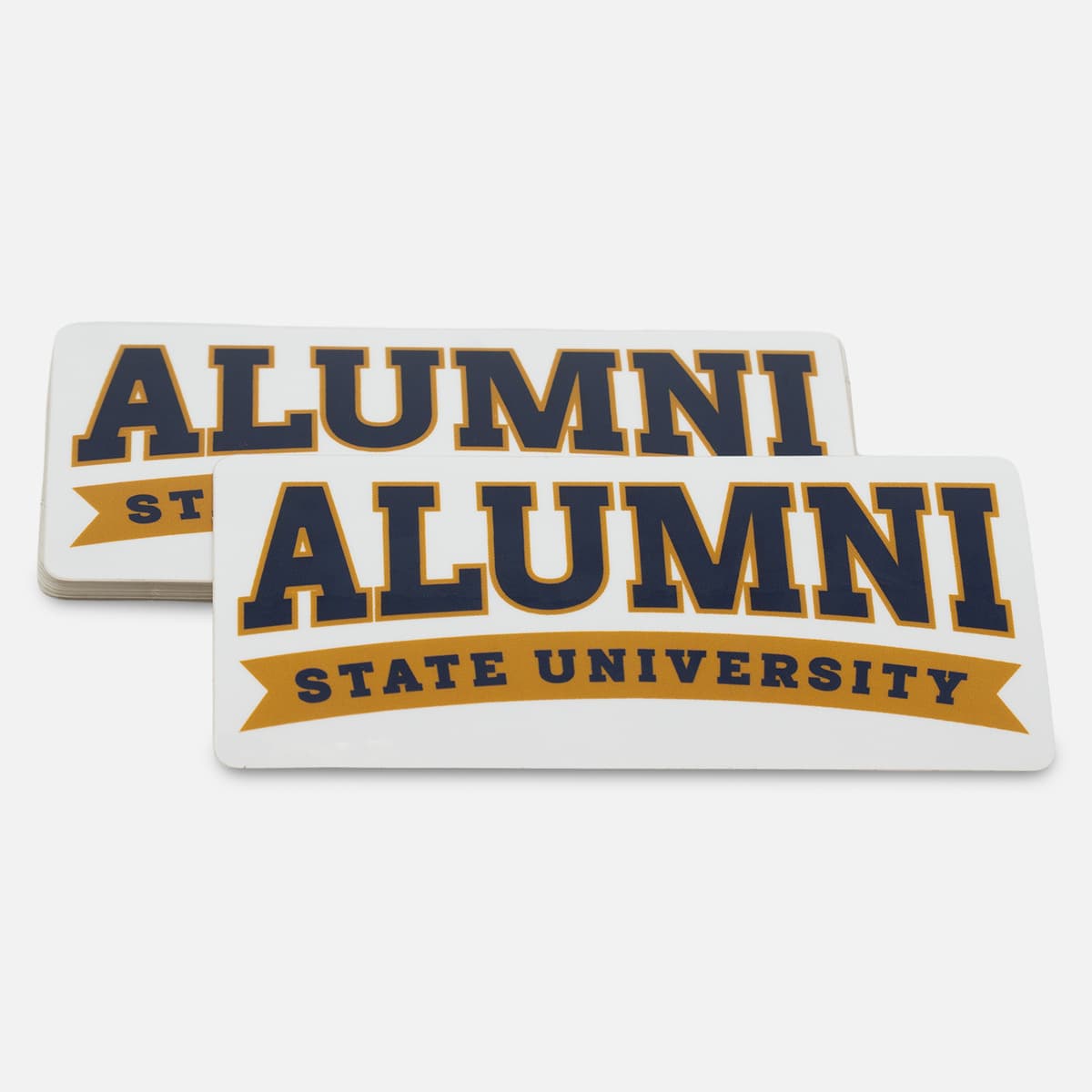 Stack of custom rectangle alumni stickers for State University with navy and gold collegiate lettering on a white background.
