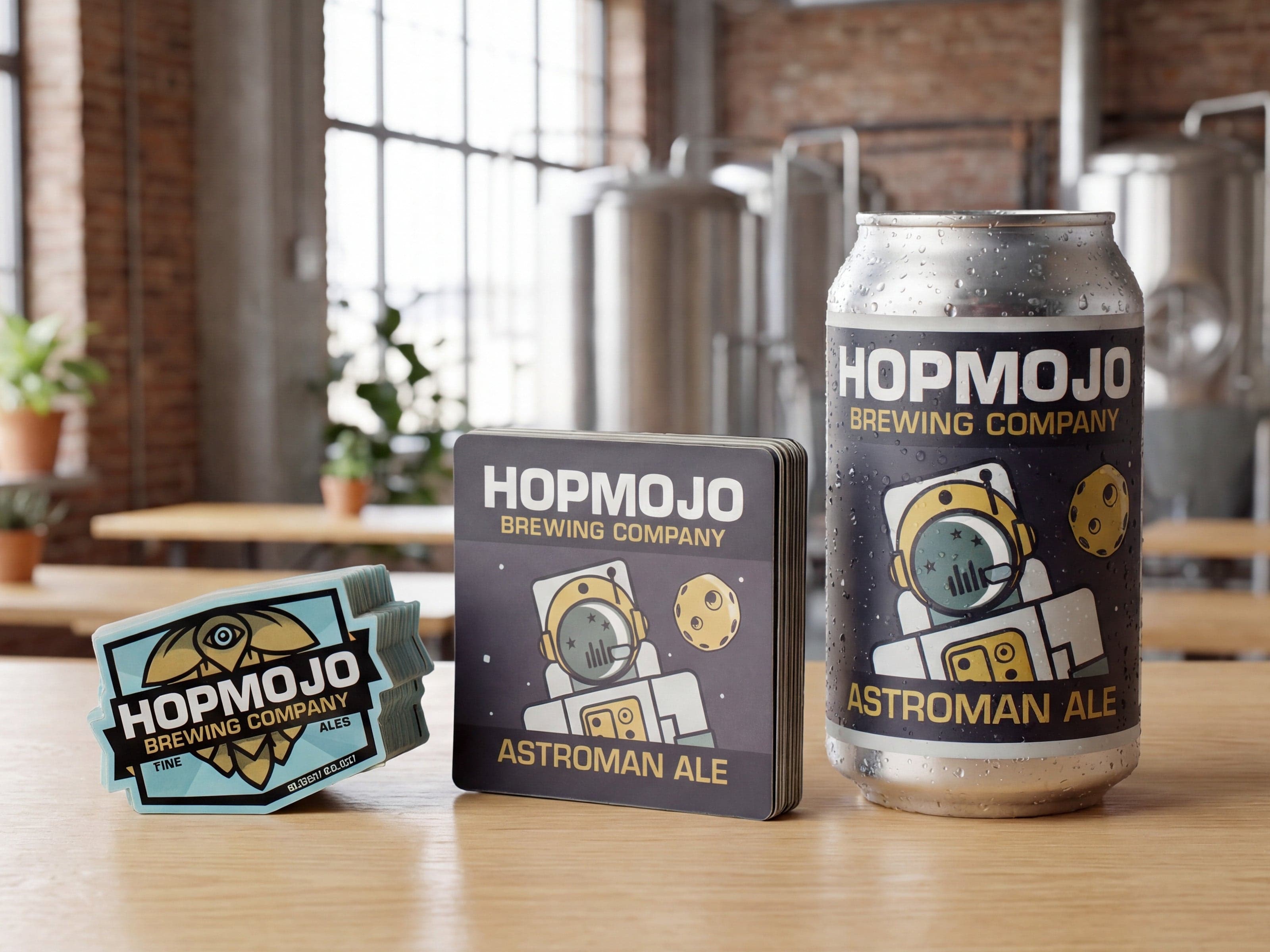 Custom craft beer can label, die cut stickers, and branded coasters displayed in a brewery taproom, showcasing cohesive beverage packaging and promotional branding.