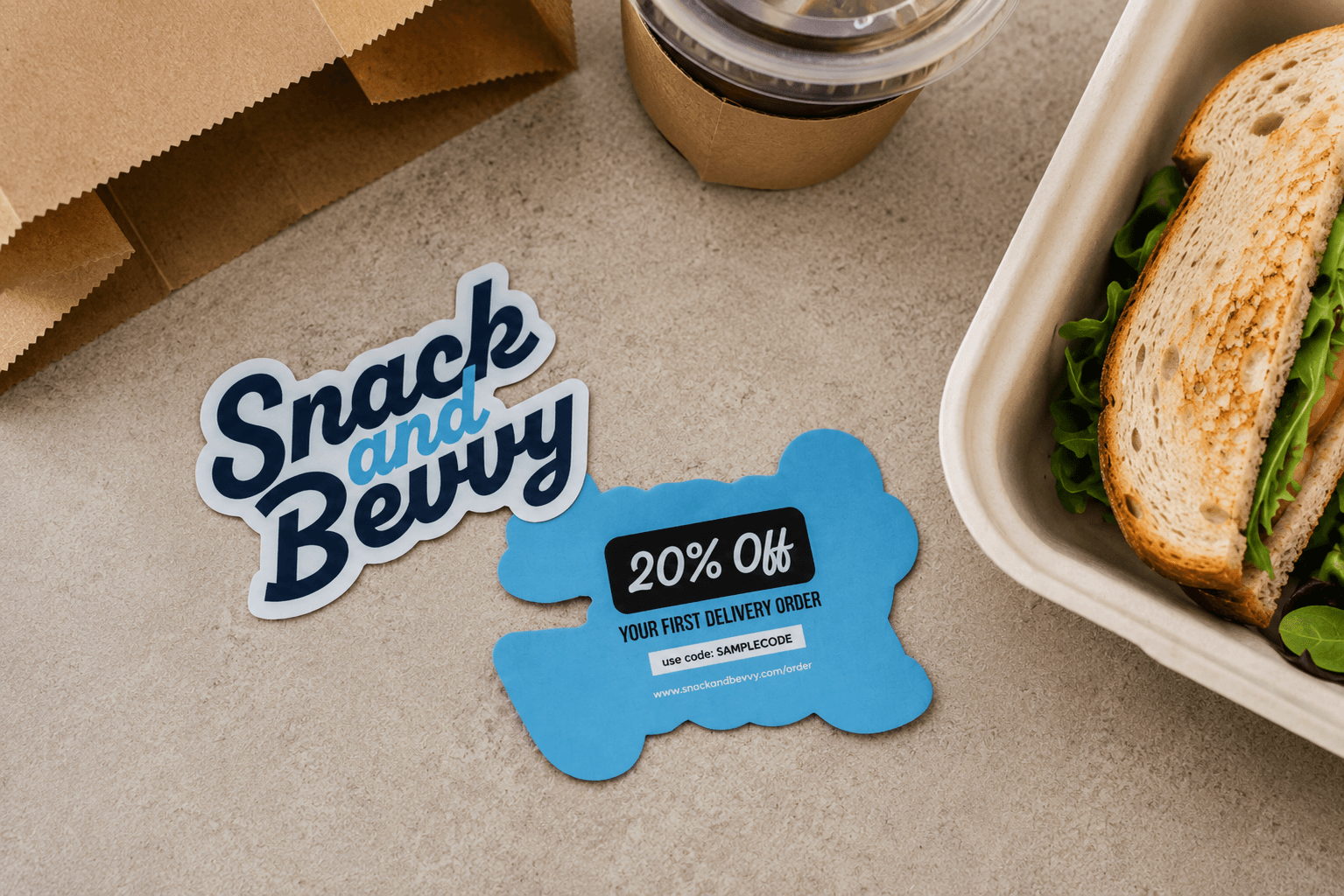 Backprinted promotional stickers included with a restaurant takeout order