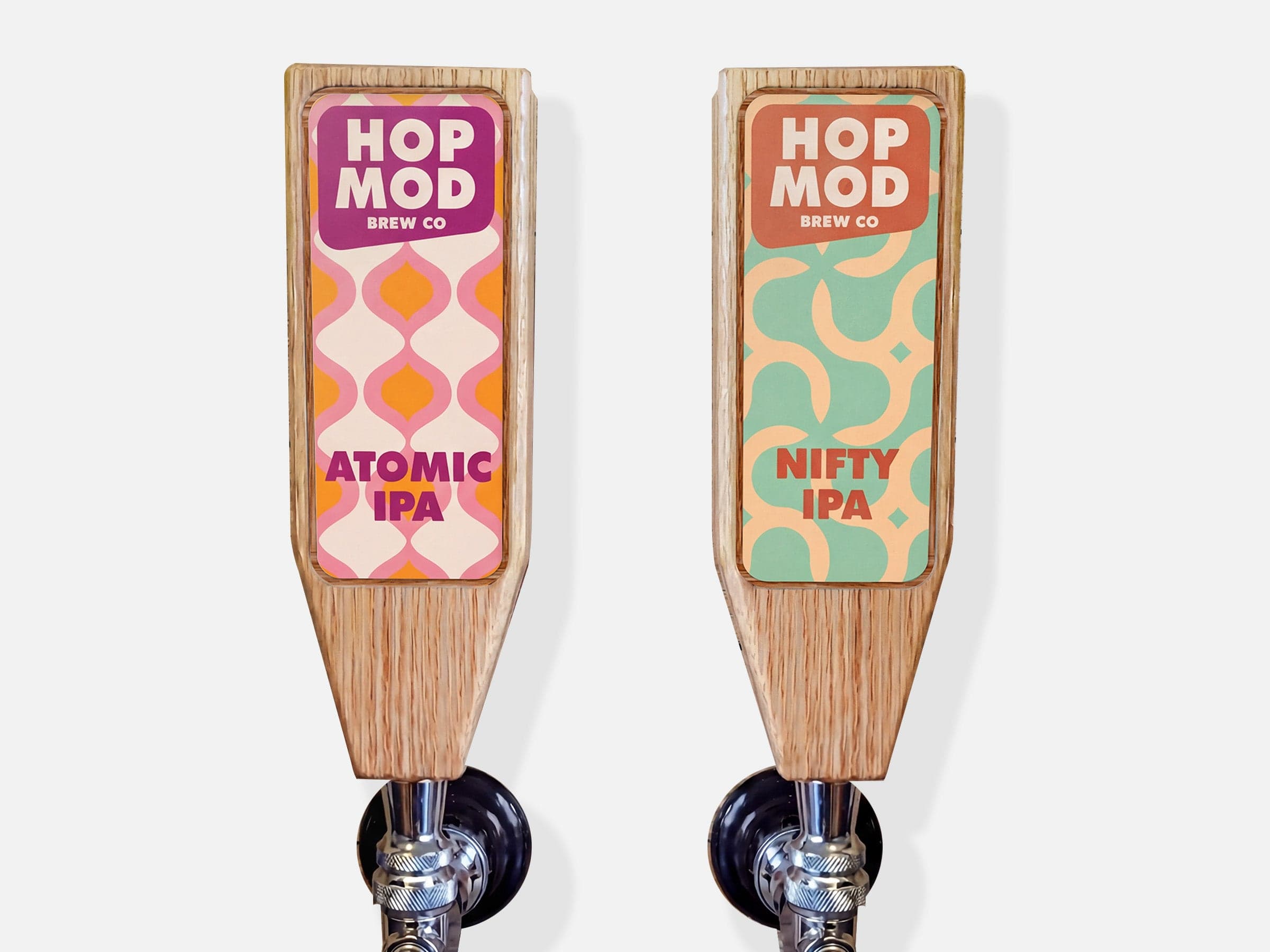 Custom brewery tap handle labels applied to beer taps, helping customers identify craft beer varieties and reinforce brewery branding in taprooms and bars.