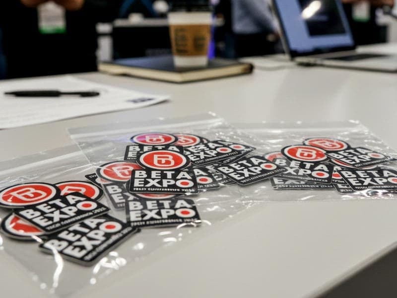 Clear sticker packs filled with event and conference branded stickers displayed on a table at a trade show booth.