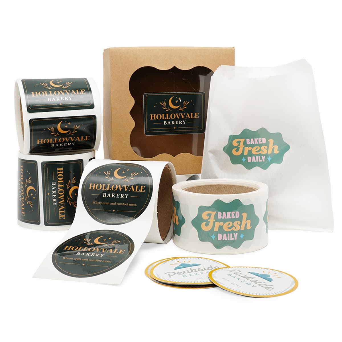 Custom bakery labels and stickers for baked goods packaging, featuring branded label rolls, bakery box labels, food bag labels, and product stickers for retail bakery products.