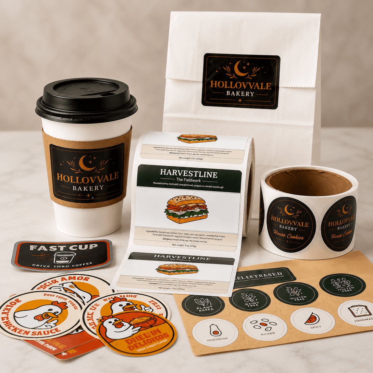 Custom stickers and labels for takeout packaging, featuring branded coffee cup stickers, food packaging labels, roll labels, sticker sheets, and packaging seals for restaurants, bakeries, cafés, and food businesses.