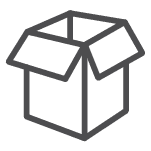 Open cardboard shipping box icon outlined in dark gray on a light gray background.