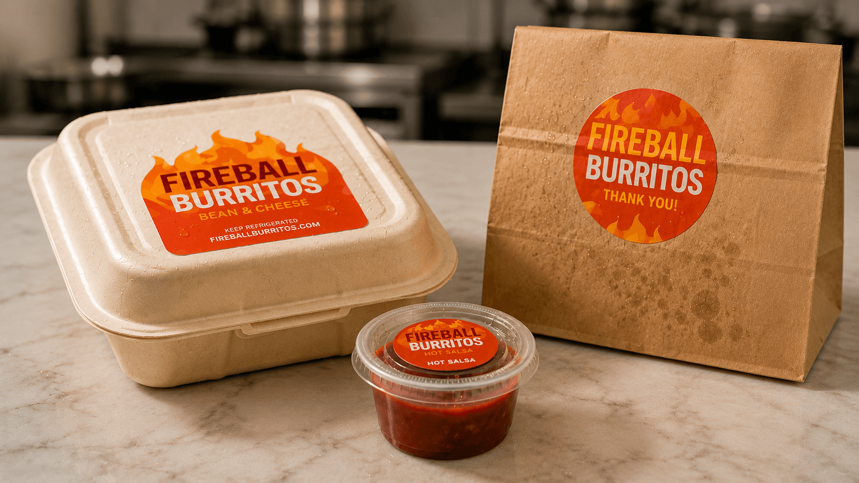 Laminated labels on Fireball Burritos takeout food packaging