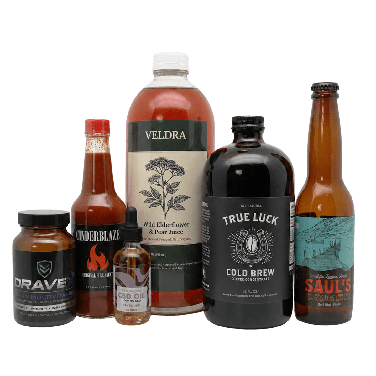 Custom bottle labels applied to beverage, supplement, sauce, coffee, and wellness product packaging.