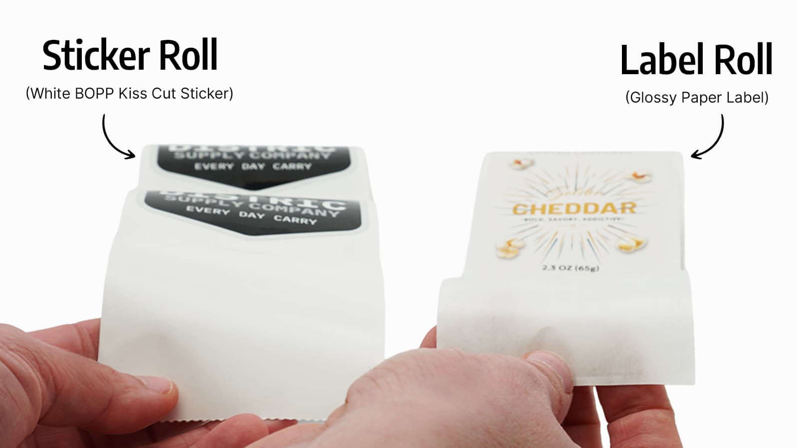 Hands holding two custom label rolls featuring product branding on a clean light gray background.