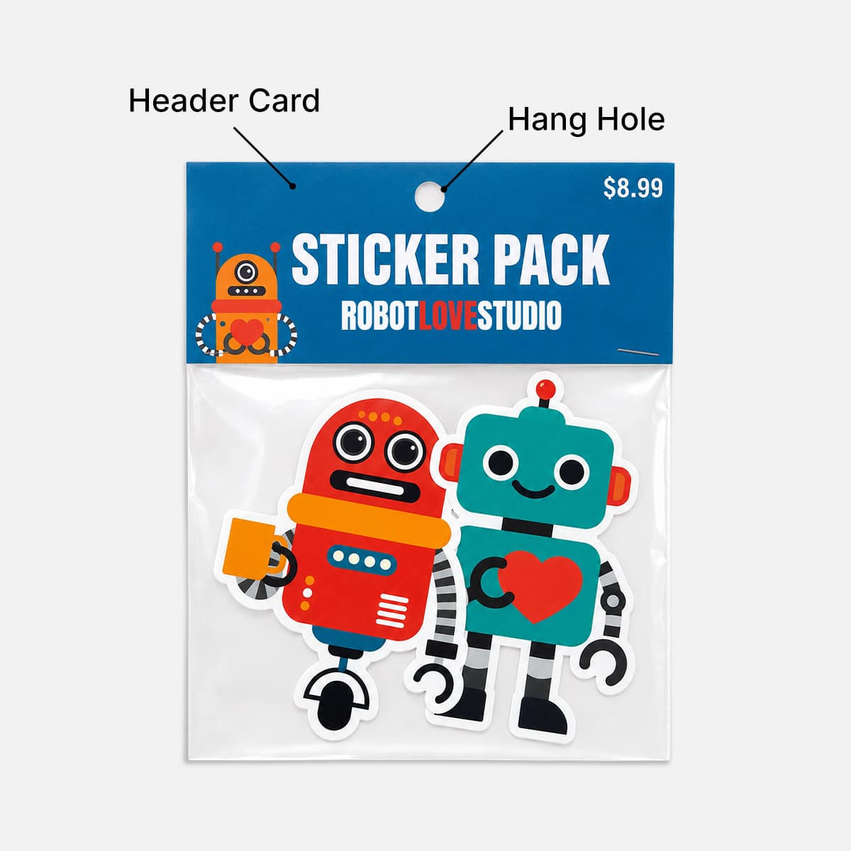 Custom sticker pack with a printed header card and hang hole for retail display, packaged in a clear poly bag.