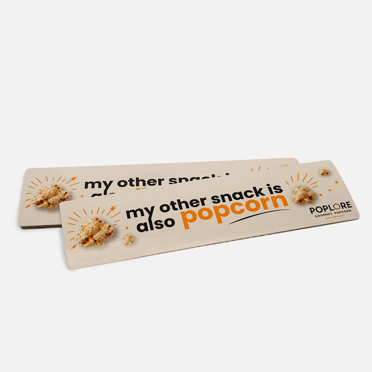 Custom popcorn bumper stickers with vibrant full-color printing and rounded corners for food brands, promotions, and retail marketing.