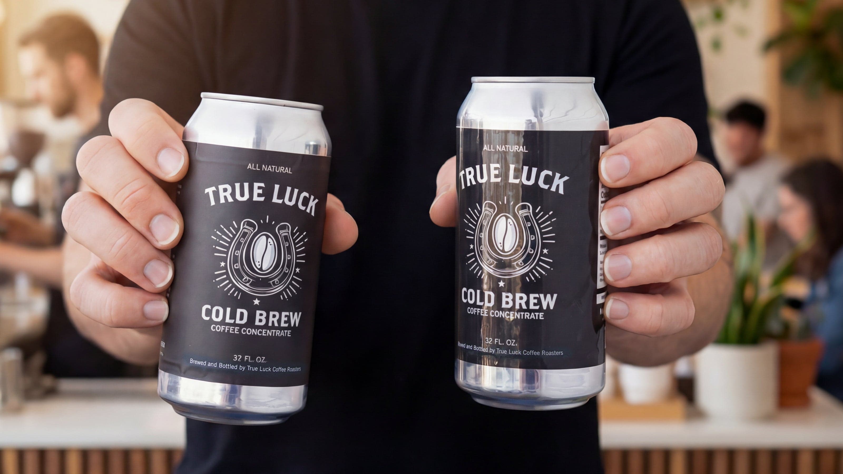Person holding two cold brew coffee cans with custom wraparound beverage labels in a coffee shop setting.