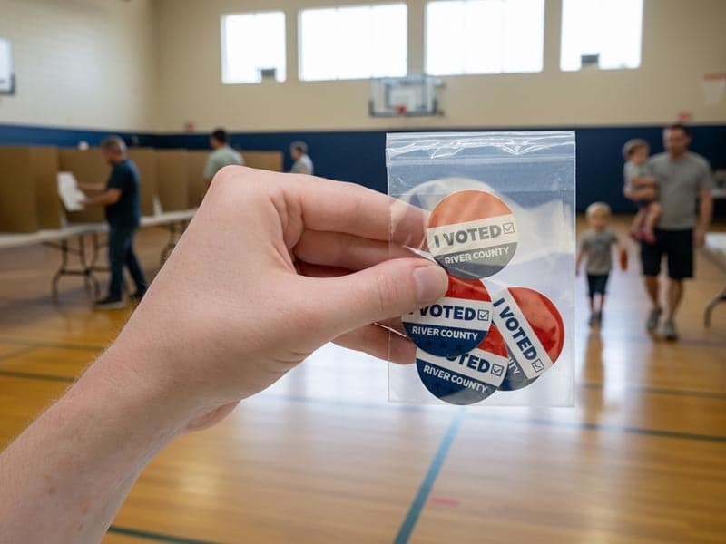 Hand holding a clear sticker pack filled with “I Voted” stickers inside a gymnasium polling place.