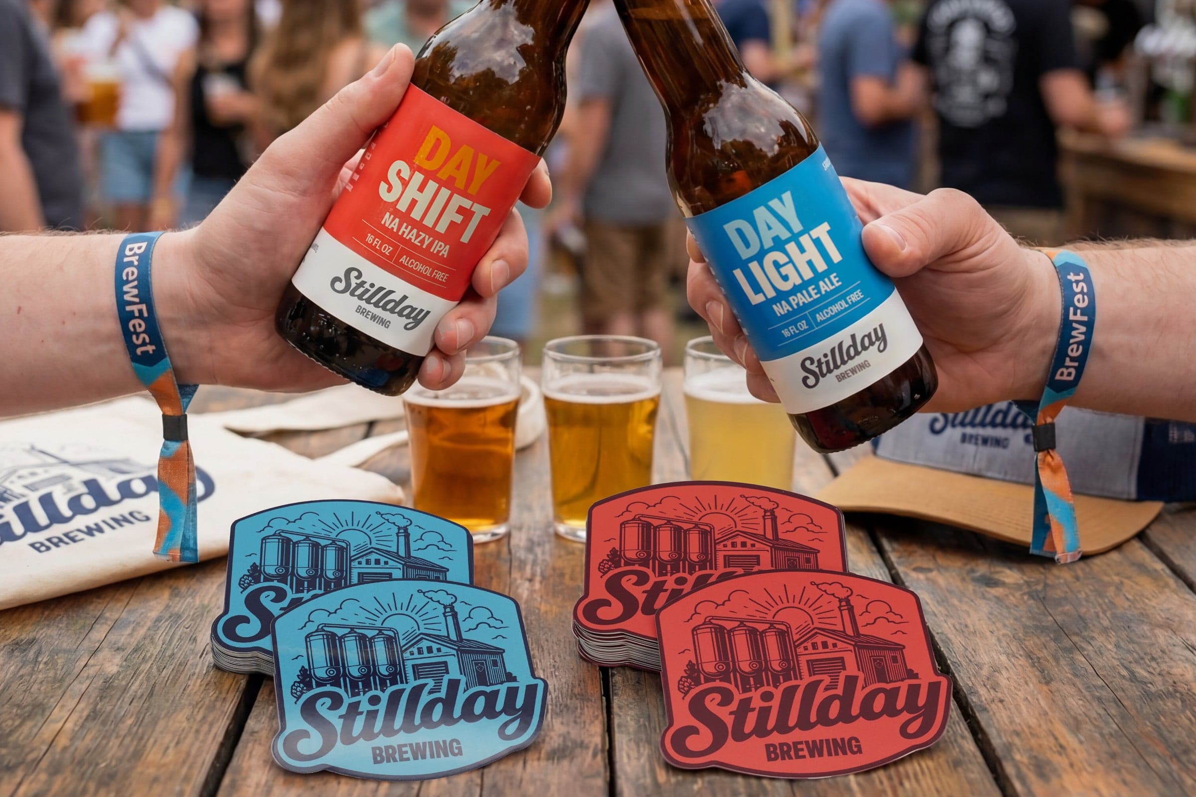 Branded brewery stickers and custom beer bottle labels featured at a craft beer festival, highlighting promotional materials for brewery marketing.