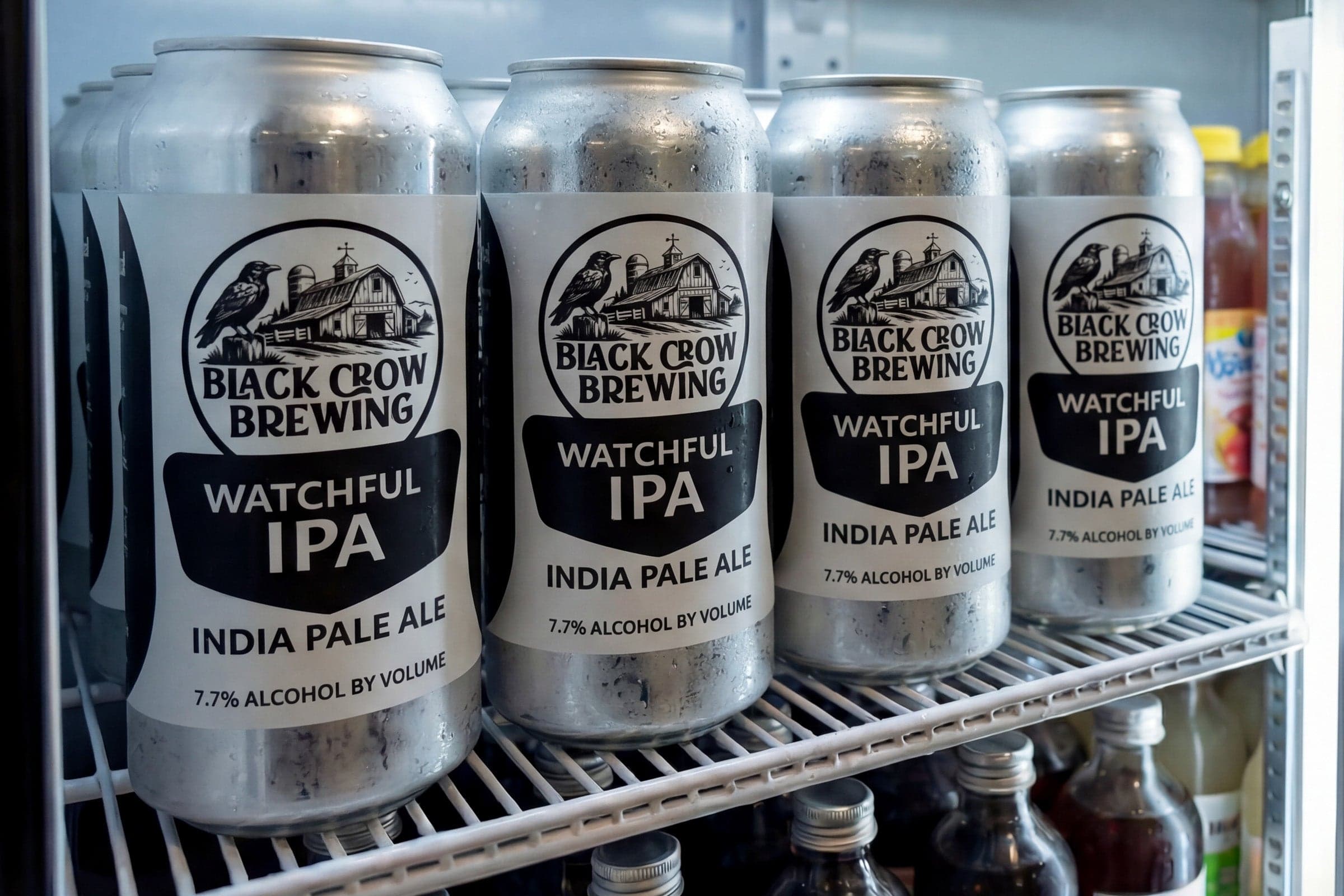 Rows of Black Crow Brewing Watchful IPA cans lined up on a refrigerator shelf.