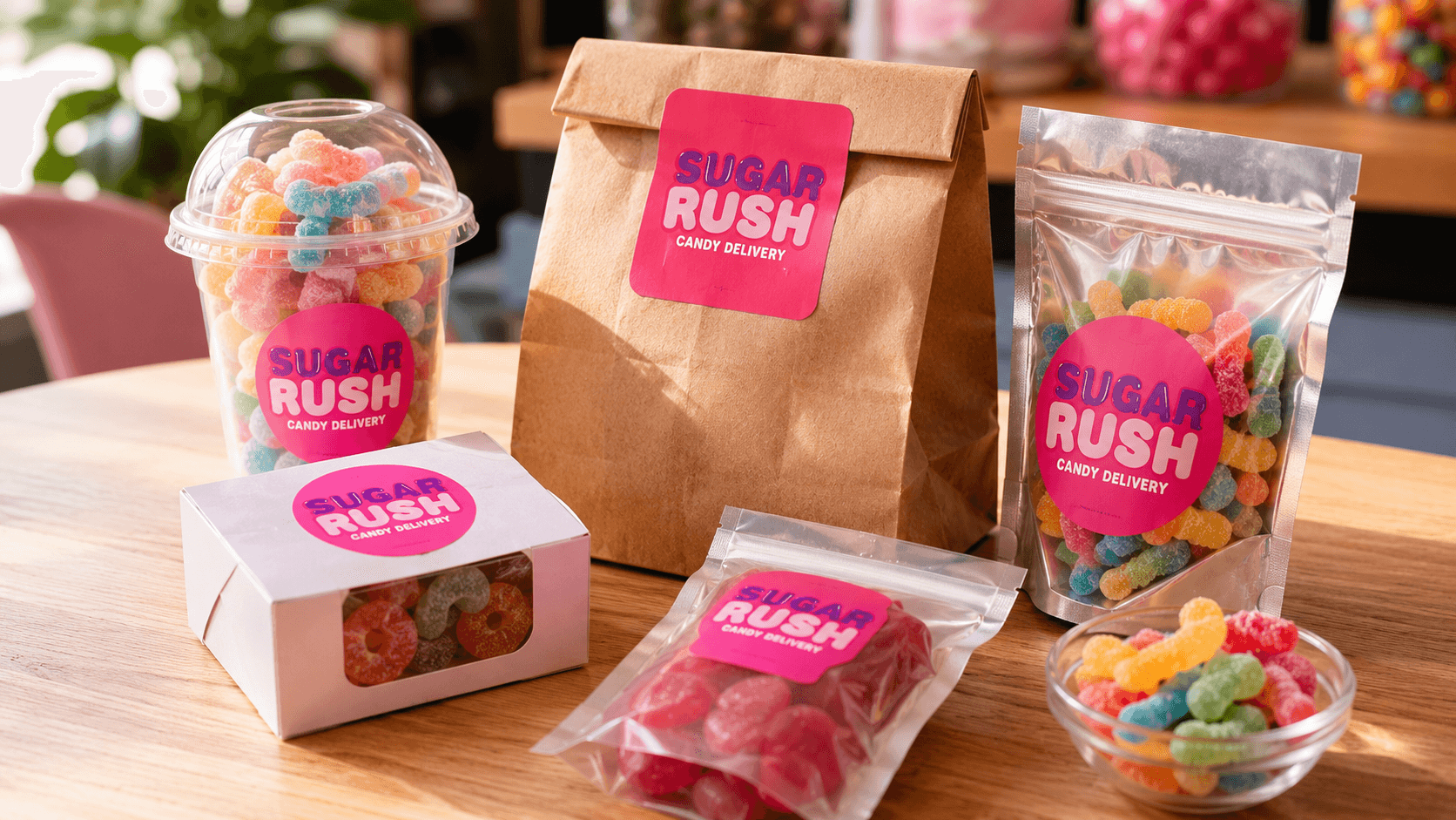 Sugar Rush branded paper labels on grab-and-go packaging