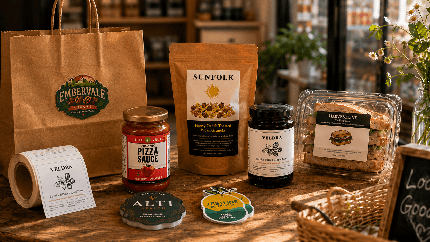 Custom food labels and stickers on artisan food packaging in a premium farmers market retail environment.