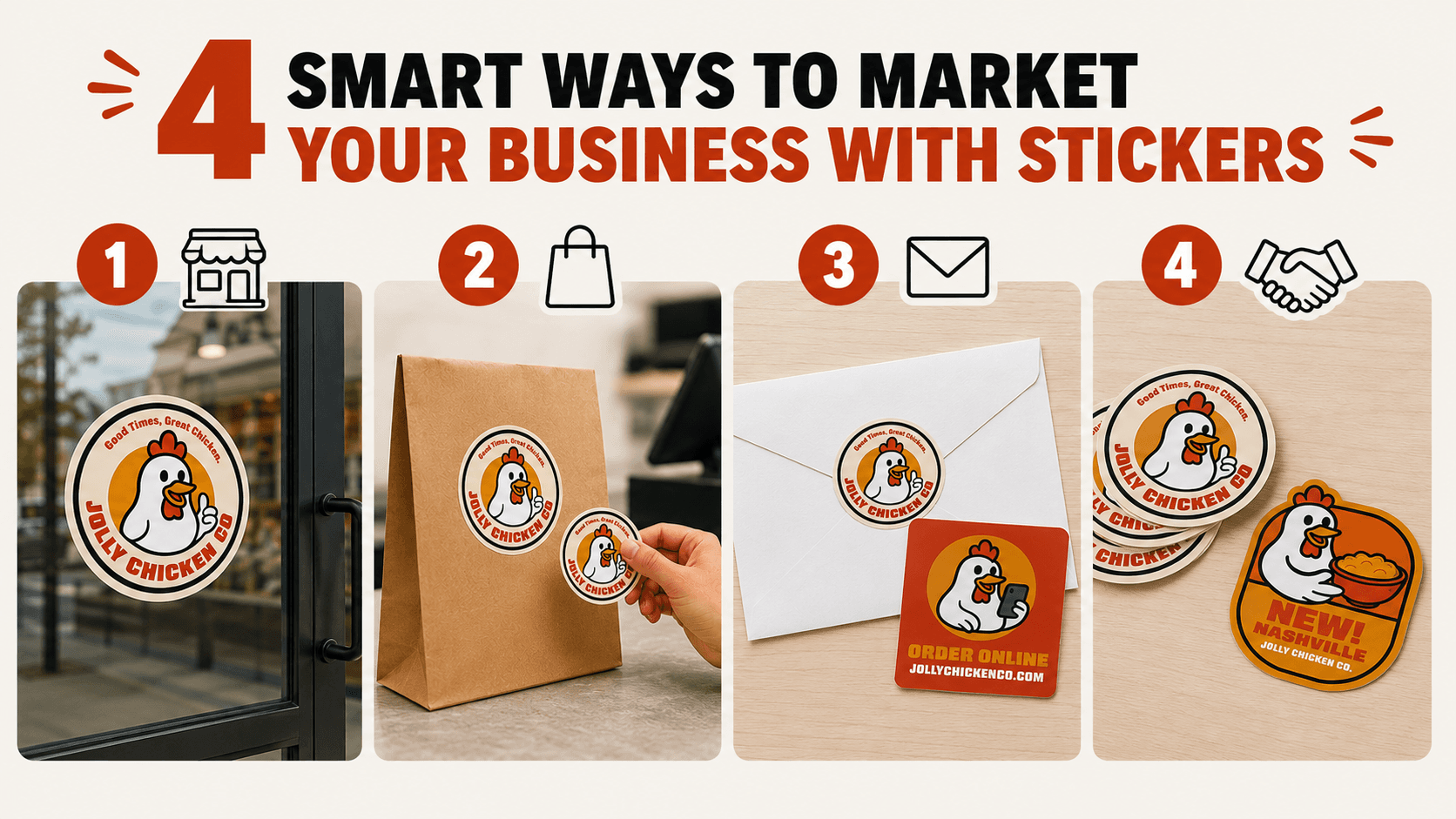 Four-panel infographic showing four ways to market a business with custom stickers, featuring Jolly Chicken Co. sticker examples.