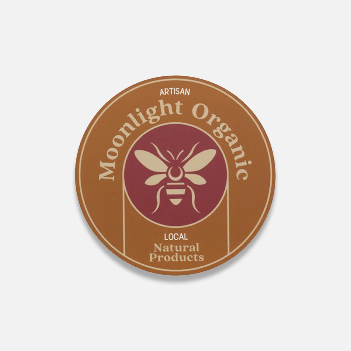 Round product label sticker for organic honey featuring a bee illustration and natural artisan branding.