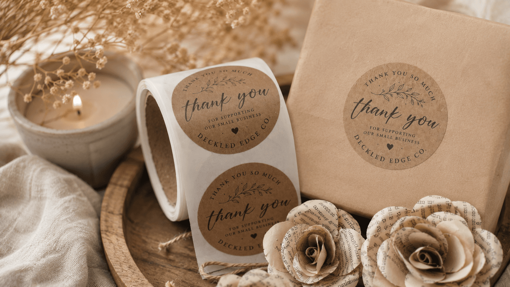 hank you paper labels displayed on kraft packaging with decorative paper flowers and soft neutral styling for small business order packaging.