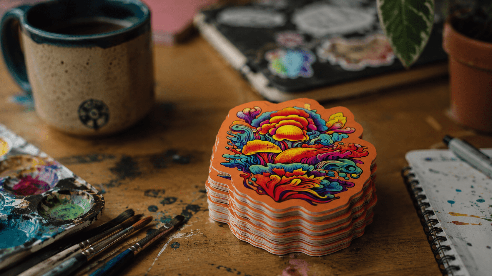 Psychedelic Mushroom Sticker Stack in Artist Studio Lifestyle Scene
