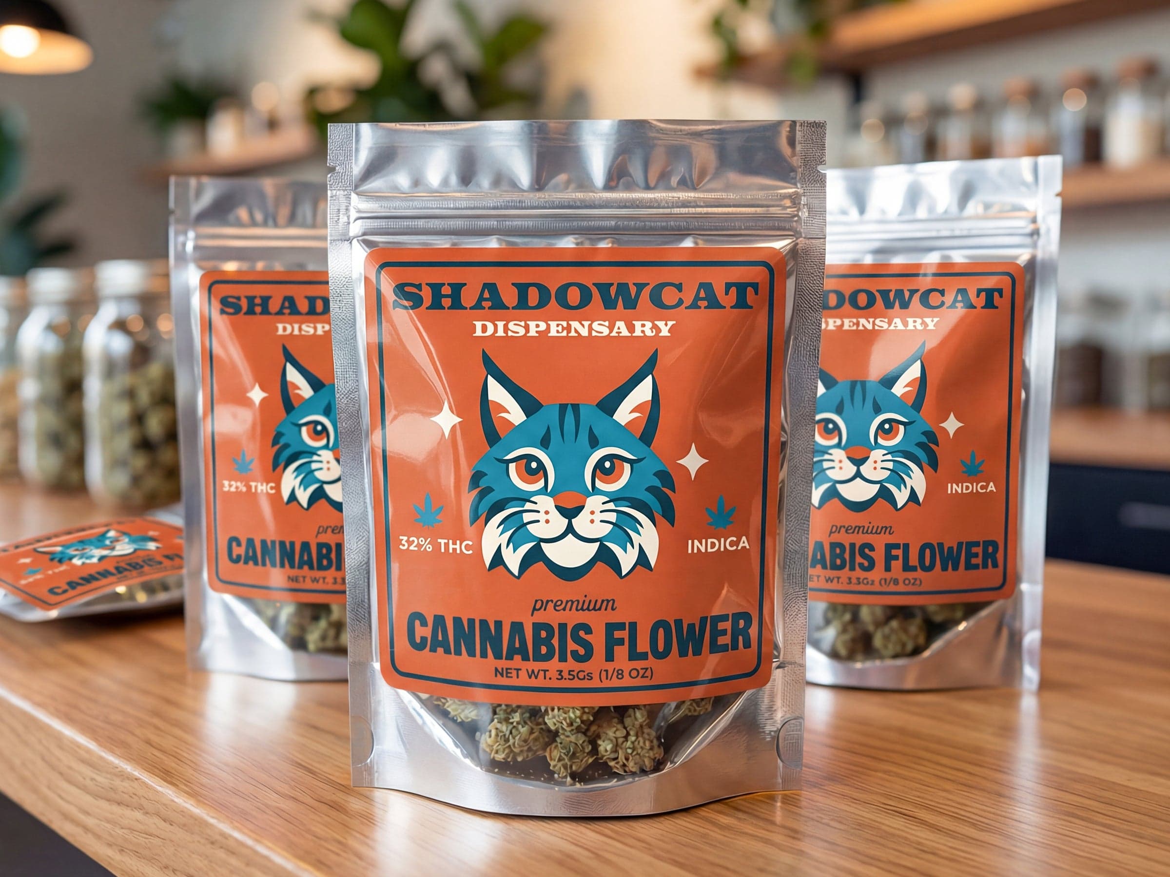 Custom cannabis flower pouches with branded product labels displayed on a retail countertop.